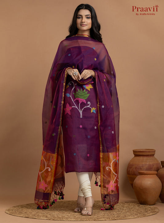 Purple Colour Unstitched Muslin Jamdani 2-Piece Suit Set