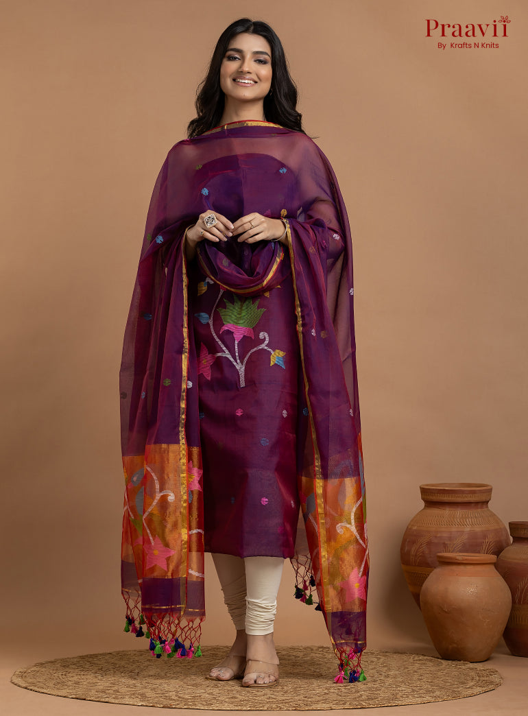 Purple Colour Unstitched Muslin Jamdani 2-Piece Suit Set