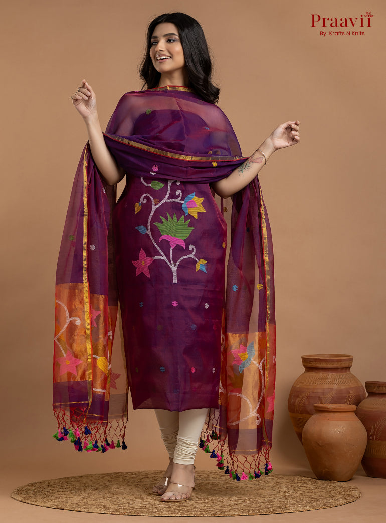 Purple Colour Unstitched Muslin Jamdani 2-Piece Suit Set
