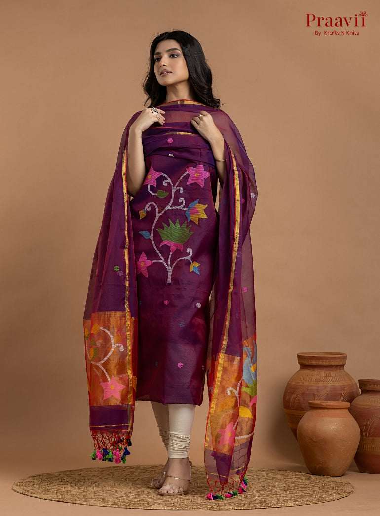 Purple Colour Unstitched Muslin Jamdani 2-Piece Suit Set