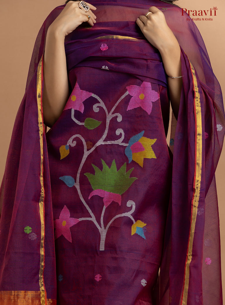 Purple Colour Unstitched Muslin Jamdani 2-Piece Suit Set