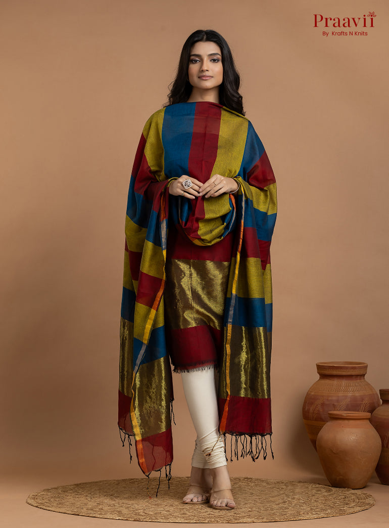 Blue & Maroon Unstitched Cotton with Tissue 2-Piece Suit Set
