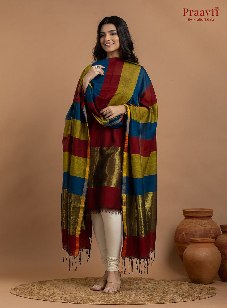 Blue & Maroon Unstitched Cotton with Tissue 2-Piece Suit Set