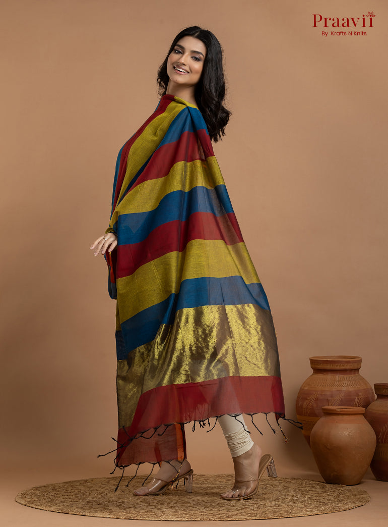 Blue & Maroon Unstitched Cotton with Tissue 2-Piece Suit Set