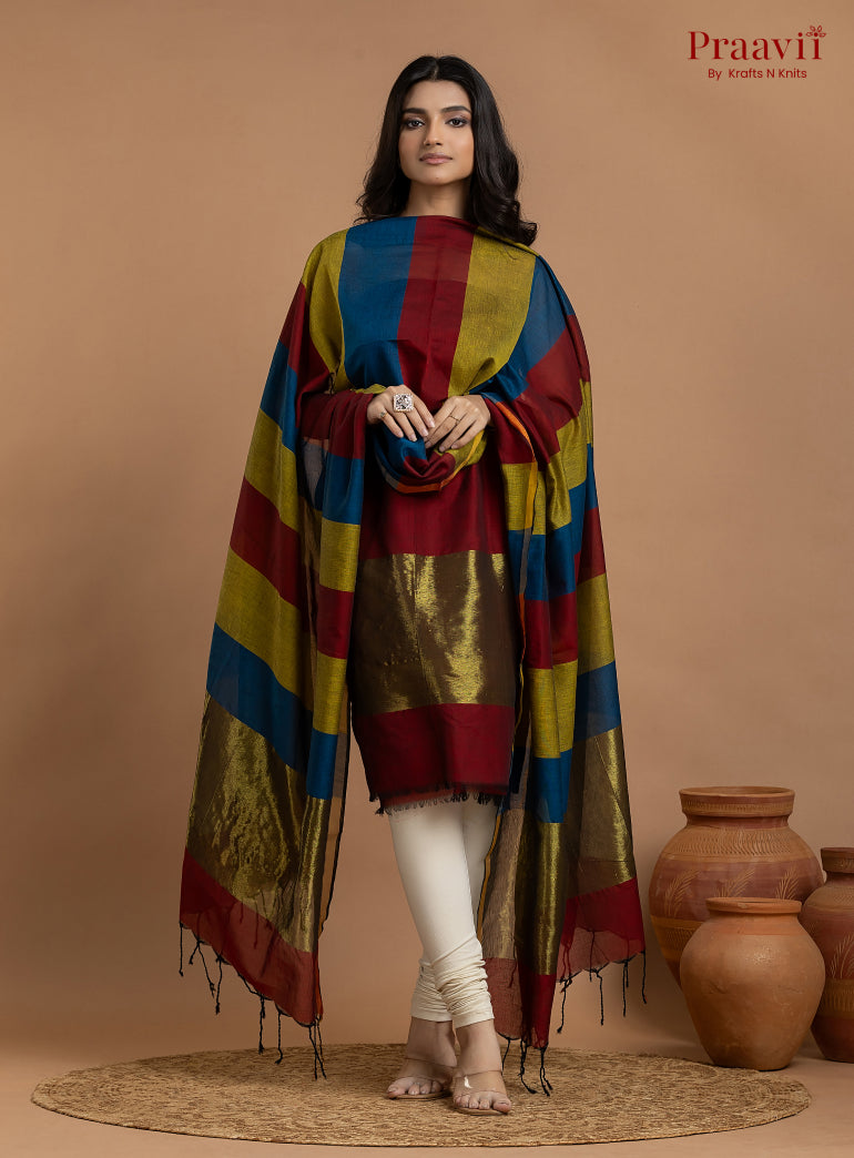 Blue & Maroon Unstitched Cotton with Tissue 2-Piece Suit Set
