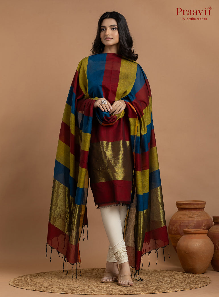 Blue & Maroon Unstitched Cotton with Tissue 2-Piece Suit Set