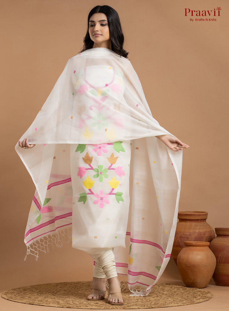 White Unstitched Cotton Jamdani 2-Piece Suit Set
