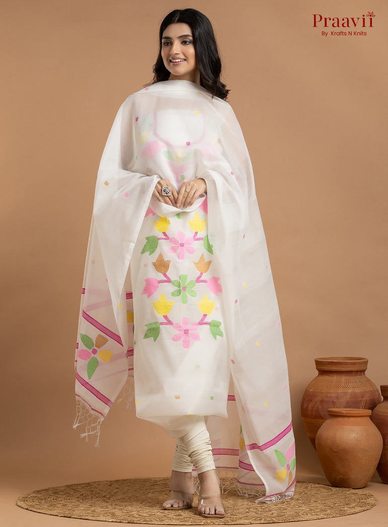 White Unstitched Cotton Jamdani 2-Piece Suit Set