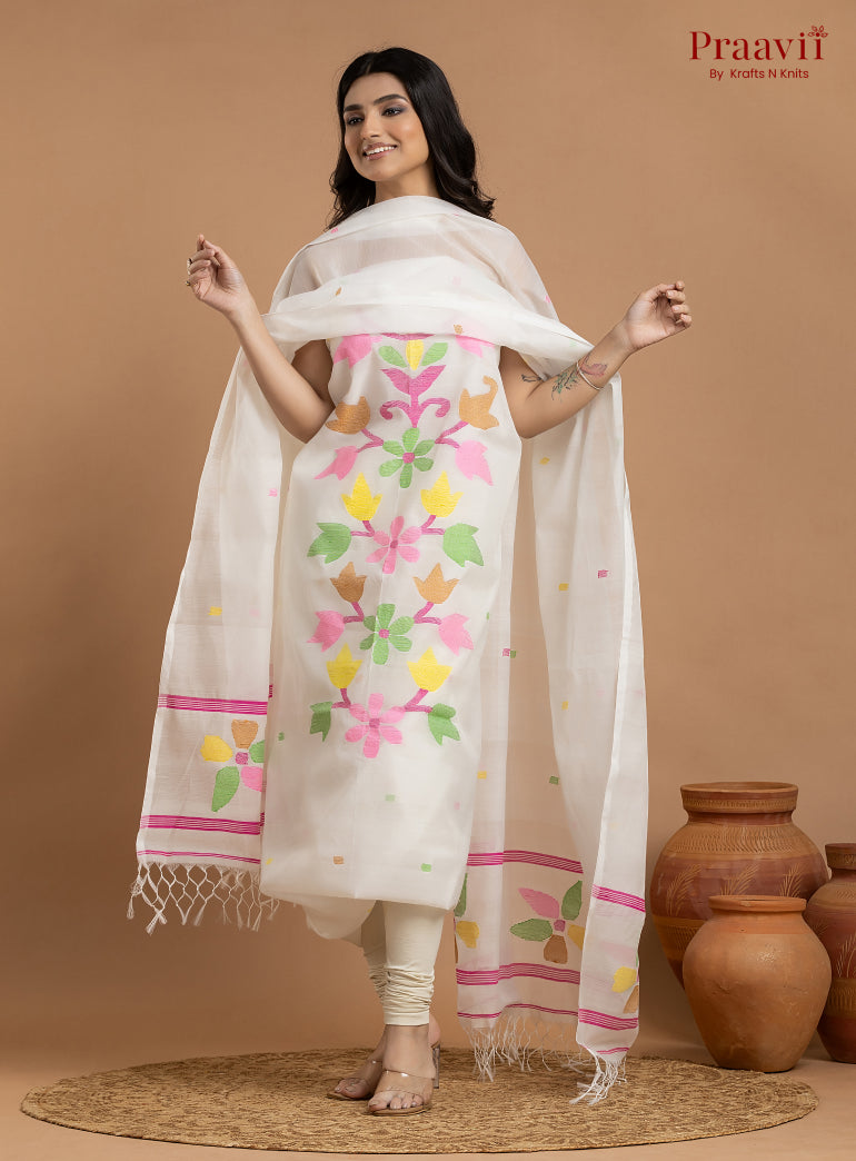 White Unstitched Cotton Jamdani 2-Piece Suit Set
