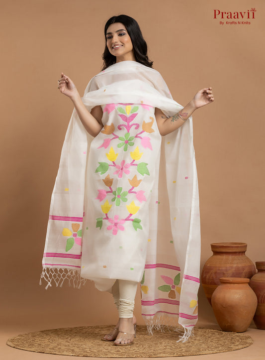 White Unstitched Cotton Jamdani 2-Piece Suit Set