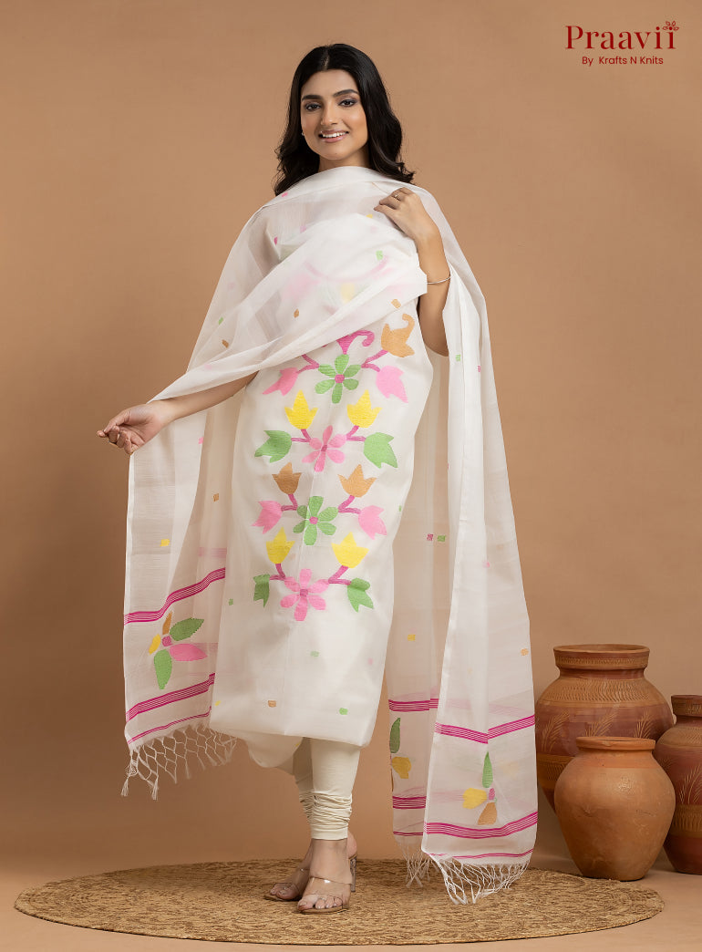 White Unstitched Cotton Jamdani 2-Piece Suit Set
