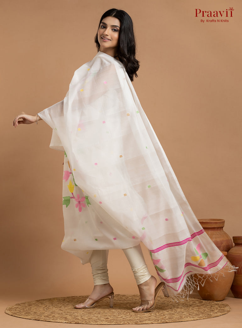 White Unstitched Cotton Jamdani 2-Piece Suit Set