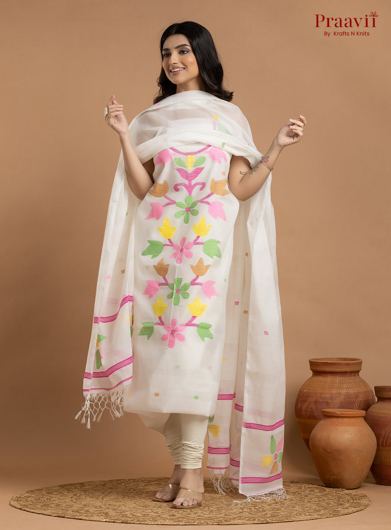 White Unstitched Cotton Jamdani 2-Piece Suit Set