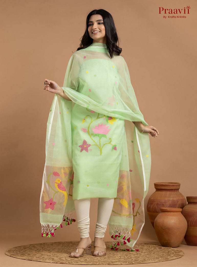 Mint Green Unstitched Muslin Jamdani 2-Piece Suit Set
