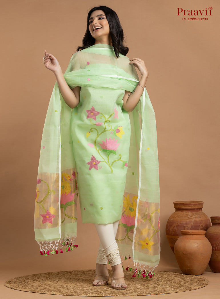 Mint Green Unstitched Muslin Jamdani 2-Piece Suit Set