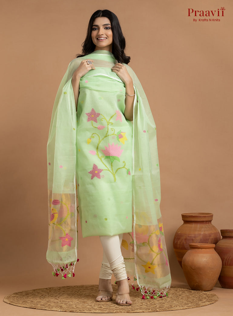 Mint Green Unstitched Muslin Jamdani 2-Piece Suit Set