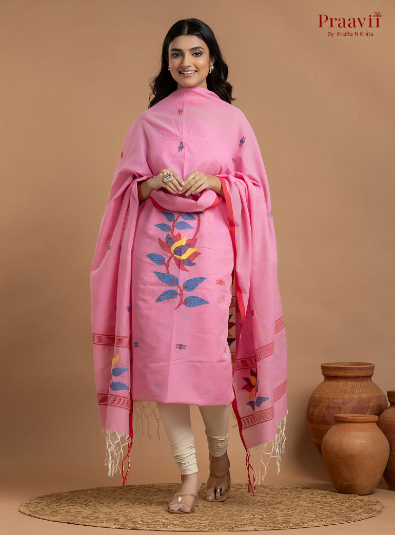 Pink Unstitched Cotton Jamdani 2-Piece Suit Set