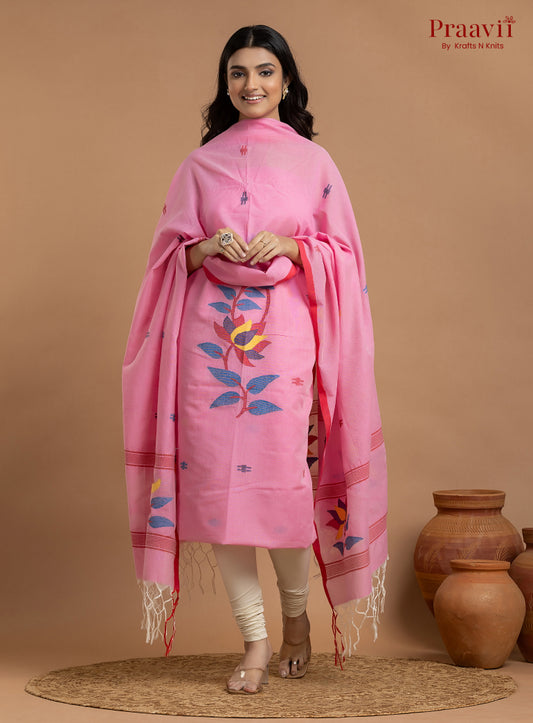 Pink Unstitched Cotton Jamdani 2-Piece Suit Set