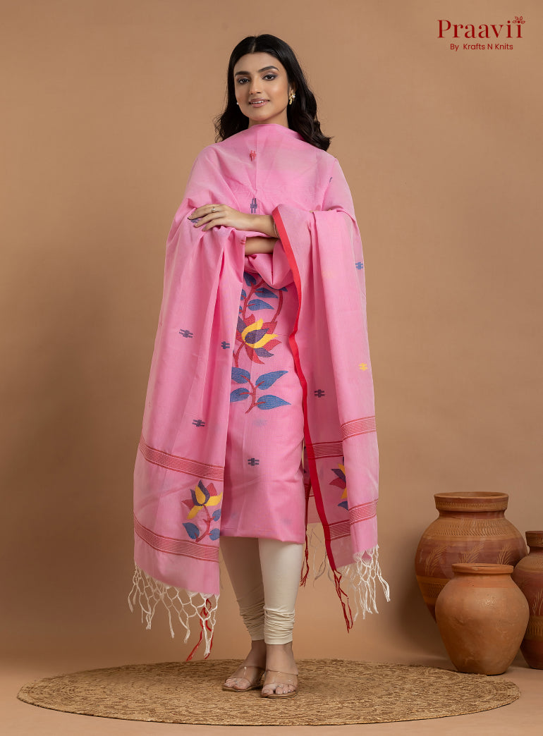 Pink Unstitched Cotton Jamdani 2-Piece Suit Set