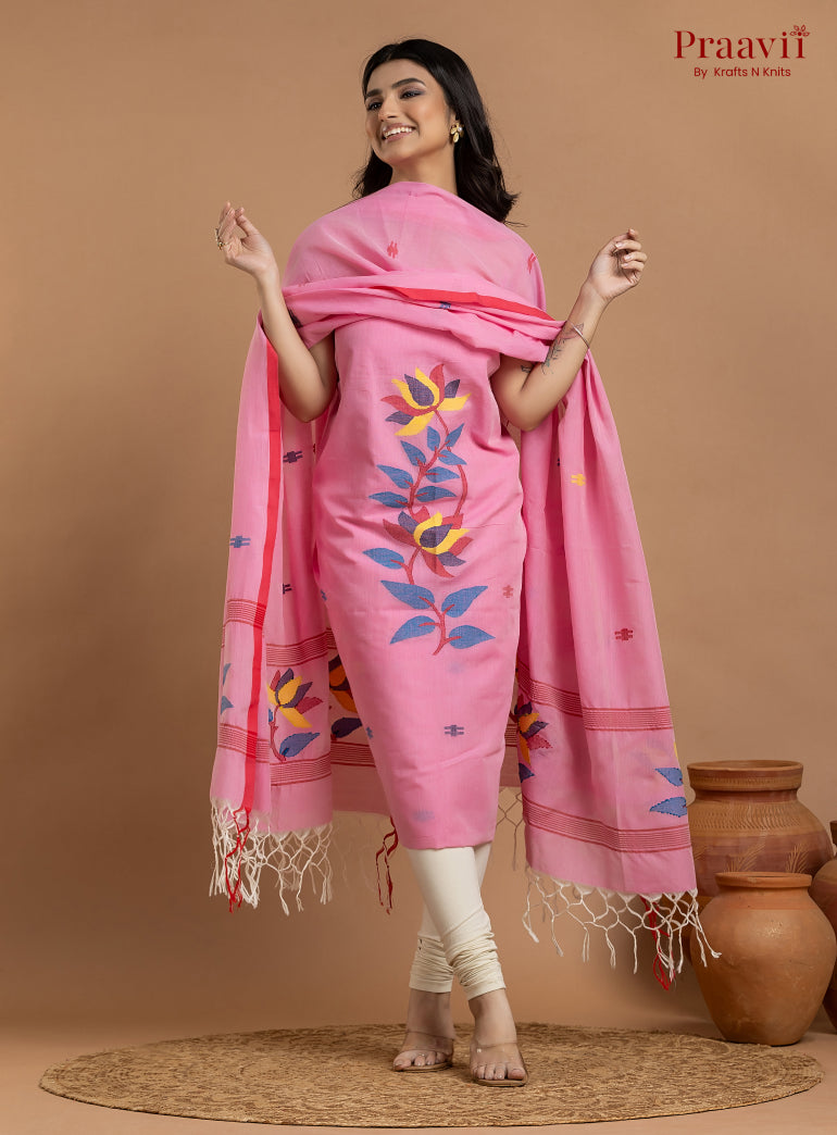 Pink Unstitched Cotton Jamdani 2-Piece Suit Set