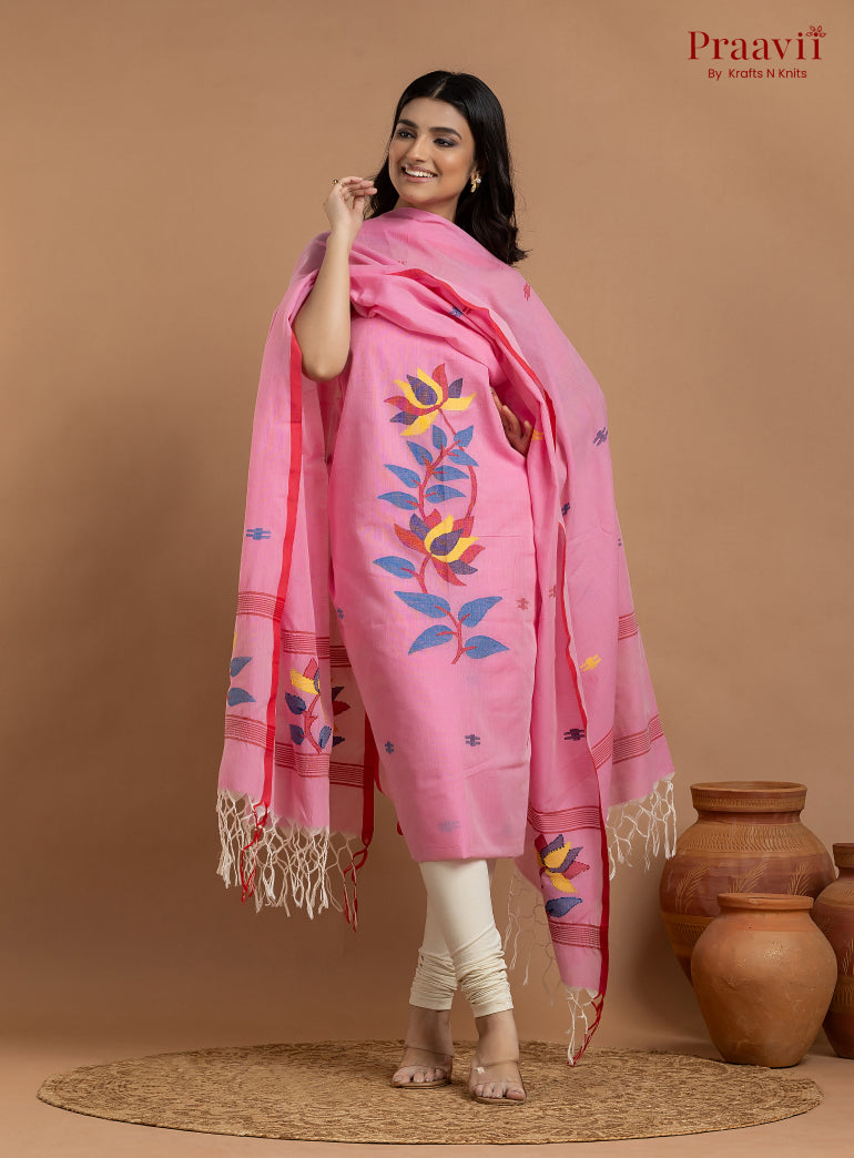 Pink Unstitched Cotton Jamdani 2-Piece Suit Set