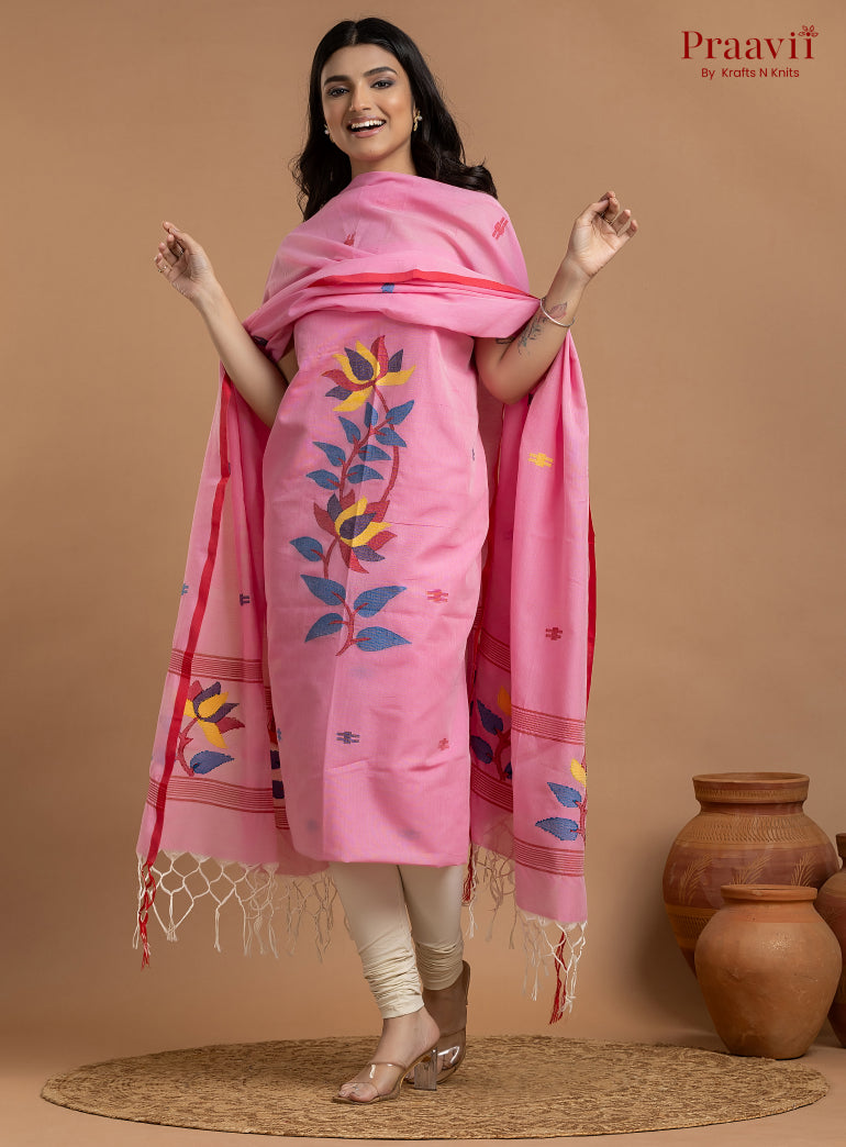 Pink Unstitched Cotton Jamdani 2-Piece Suit Set