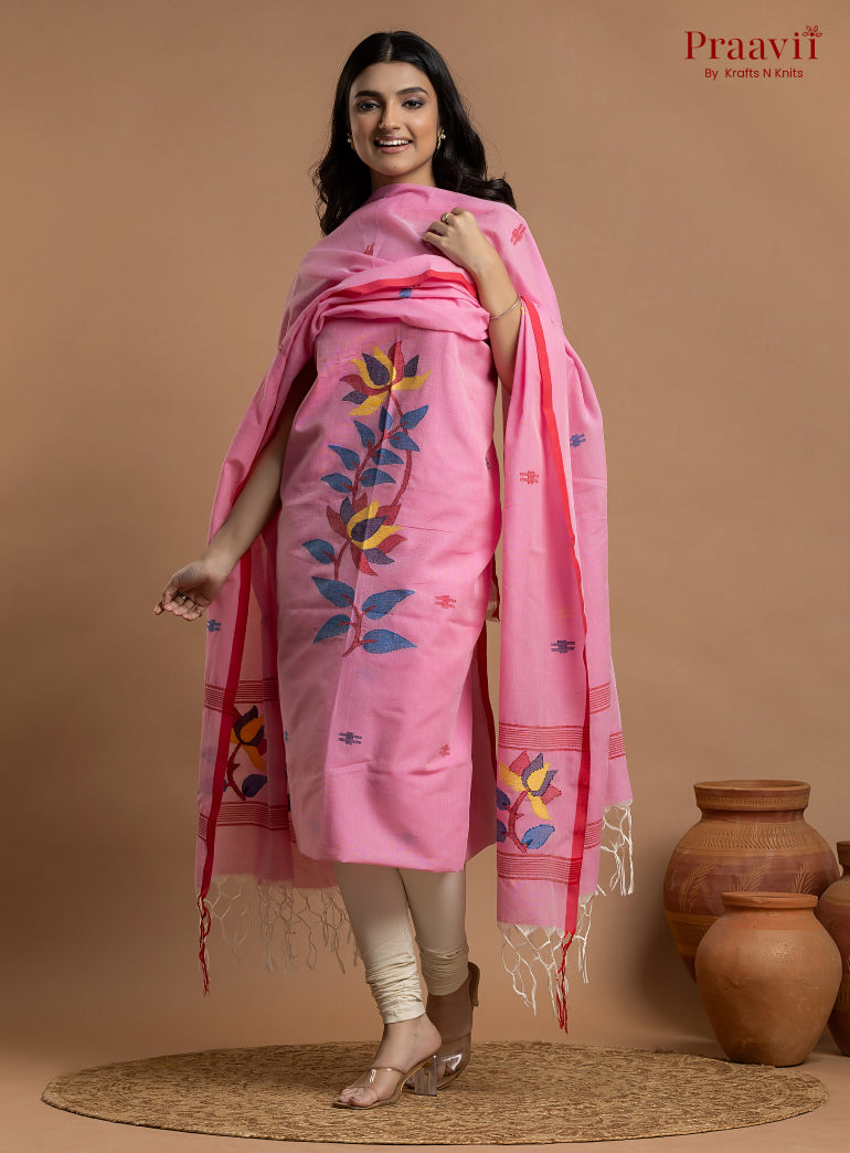 Pink Unstitched Cotton Jamdani 2-Piece Suit Set