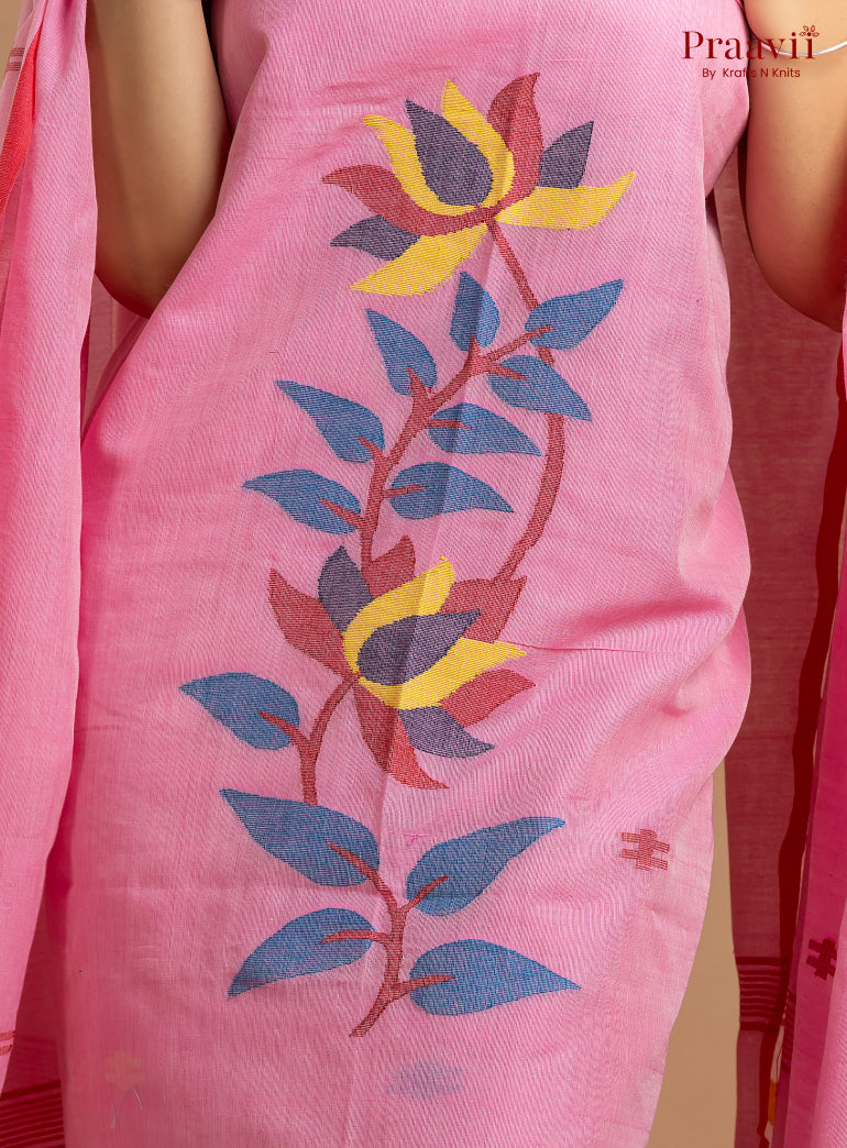Pink Unstitched Cotton Jamdani 2-Piece Suit Set