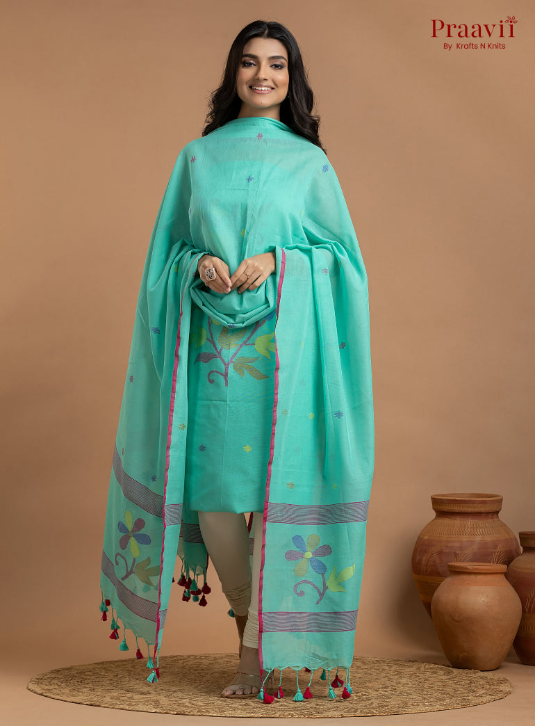 Cyan Blue Unstitched Cotton Jamdani 2-Piece Suit Set