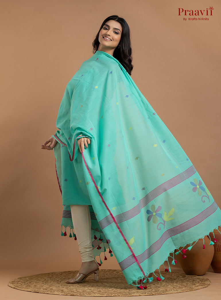 Cyan Blue Unstitched Cotton Jamdani 2-Piece Suit Set