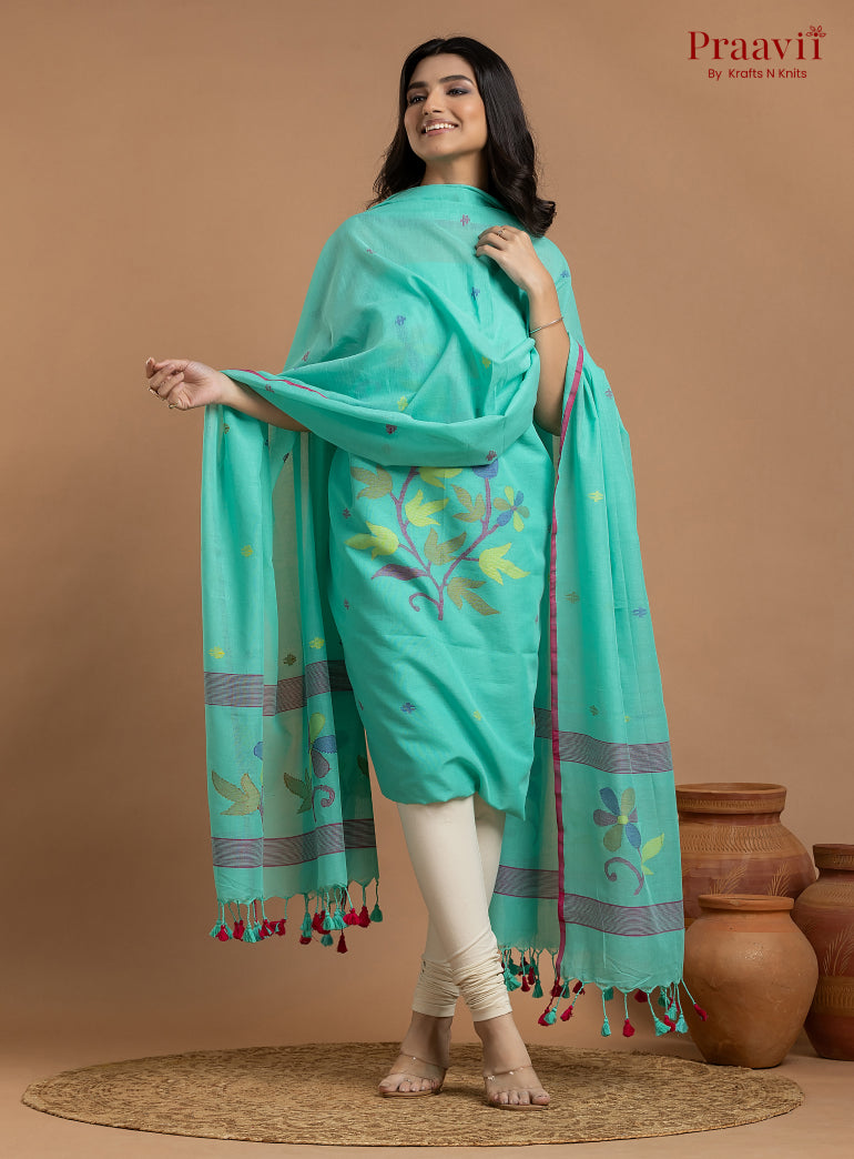 Cyan Blue Unstitched Cotton Jamdani 2-Piece Suit Set