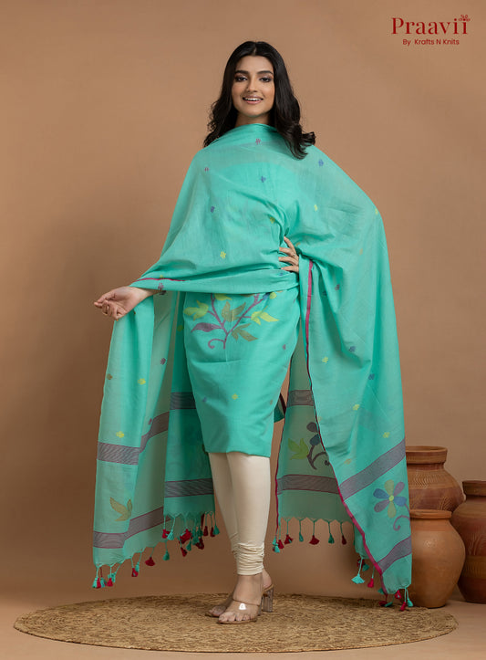 Cyan Blue Unstitched Cotton Jamdani 2-Piece Suit Set