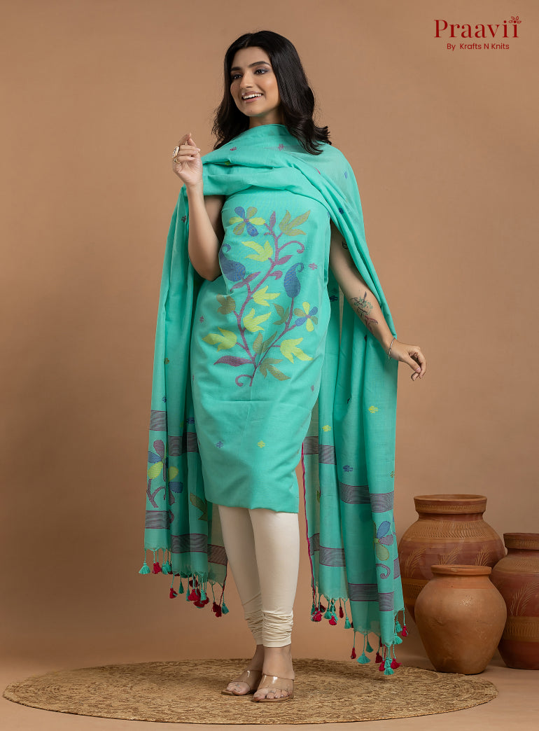 Cyan Blue Unstitched Cotton Jamdani 2-Piece Suit Set