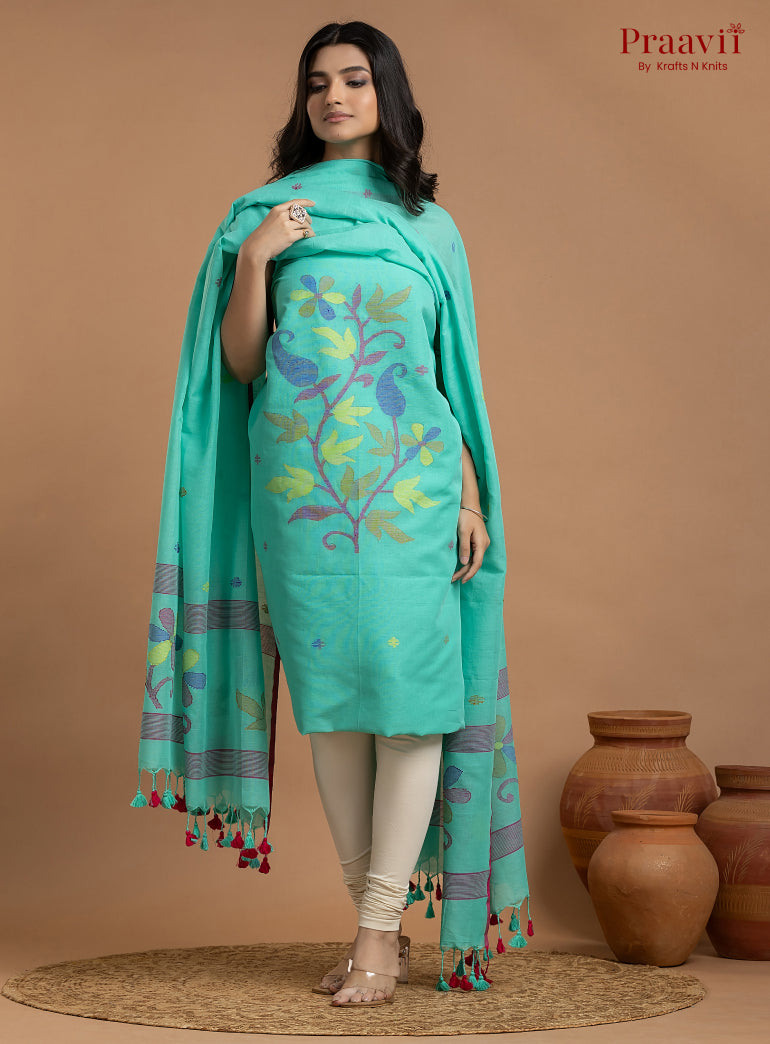 Cyan Blue Unstitched Cotton Jamdani 2-Piece Suit Set