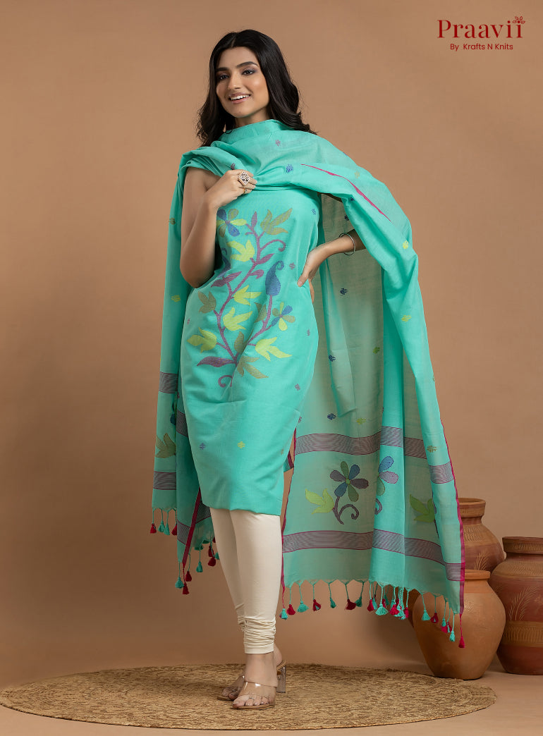 Cyan Blue Unstitched Cotton Jamdani 2-Piece Suit Set