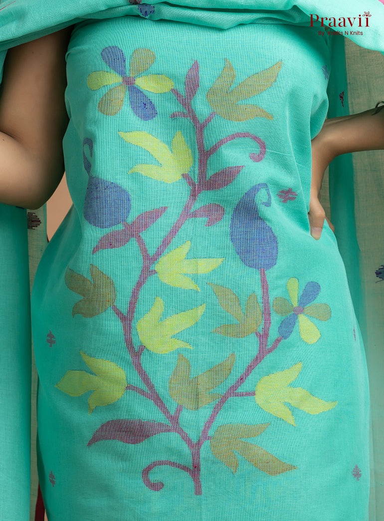 Cyan Blue Unstitched Cotton Jamdani 2-Piece Suit Set