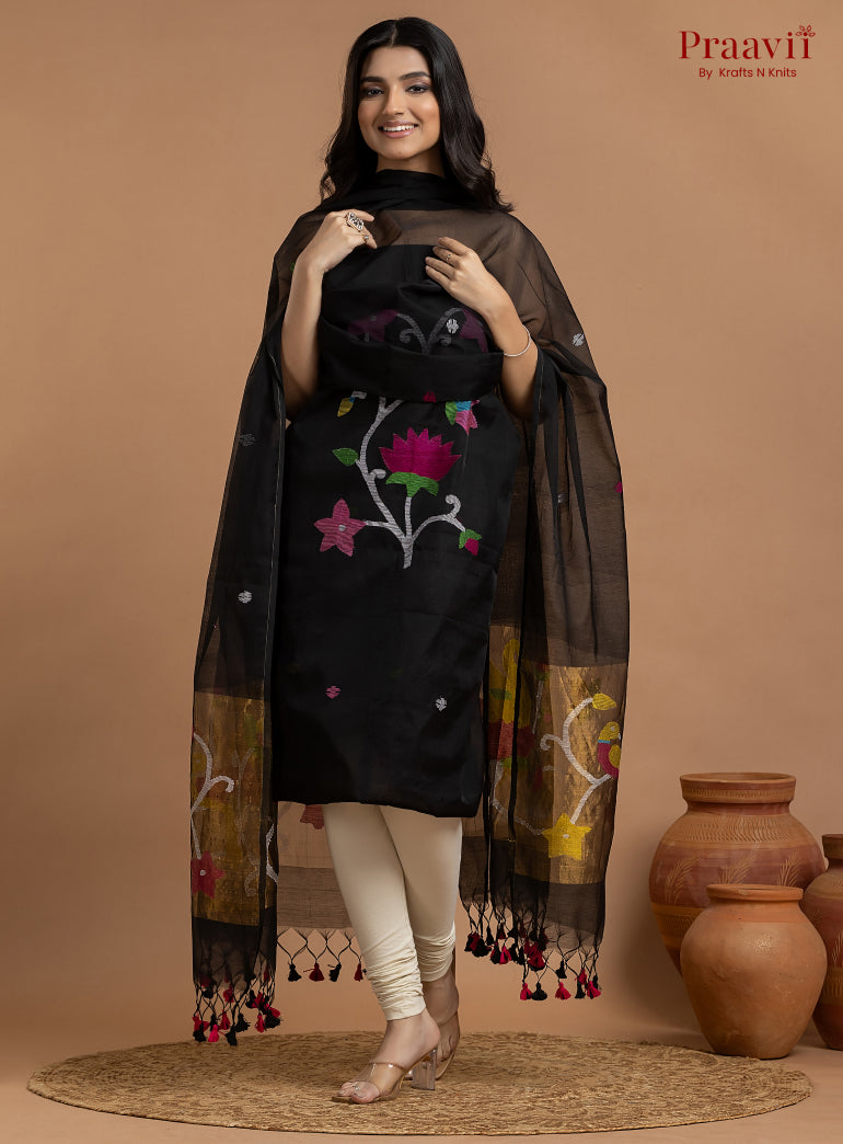 Classic Black Unstitched Muslin Jamdani 2-Piece Suit Set