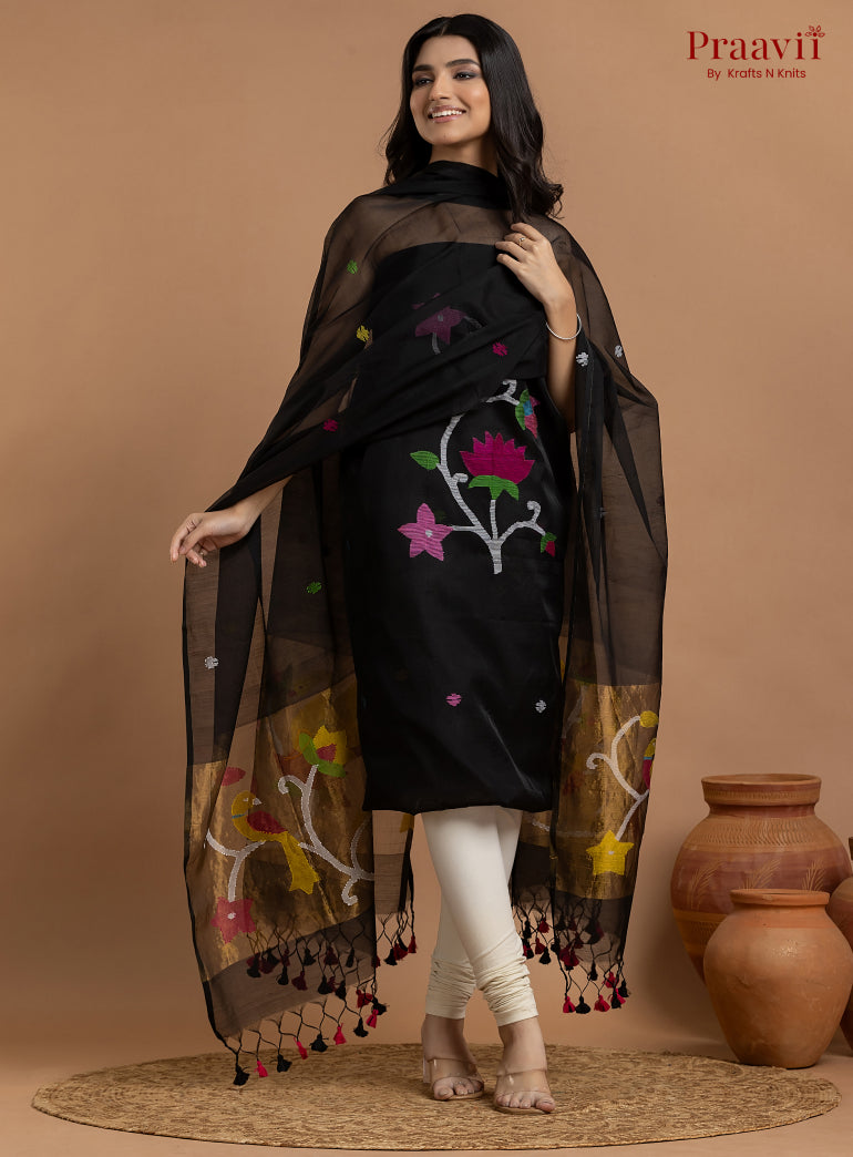 Classic Black Unstitched Muslin Jamdani 2-Piece Suit Set