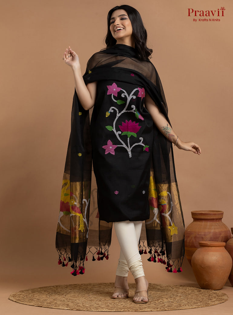 Classic Black Unstitched Muslin Jamdani 2-Piece Suit Set