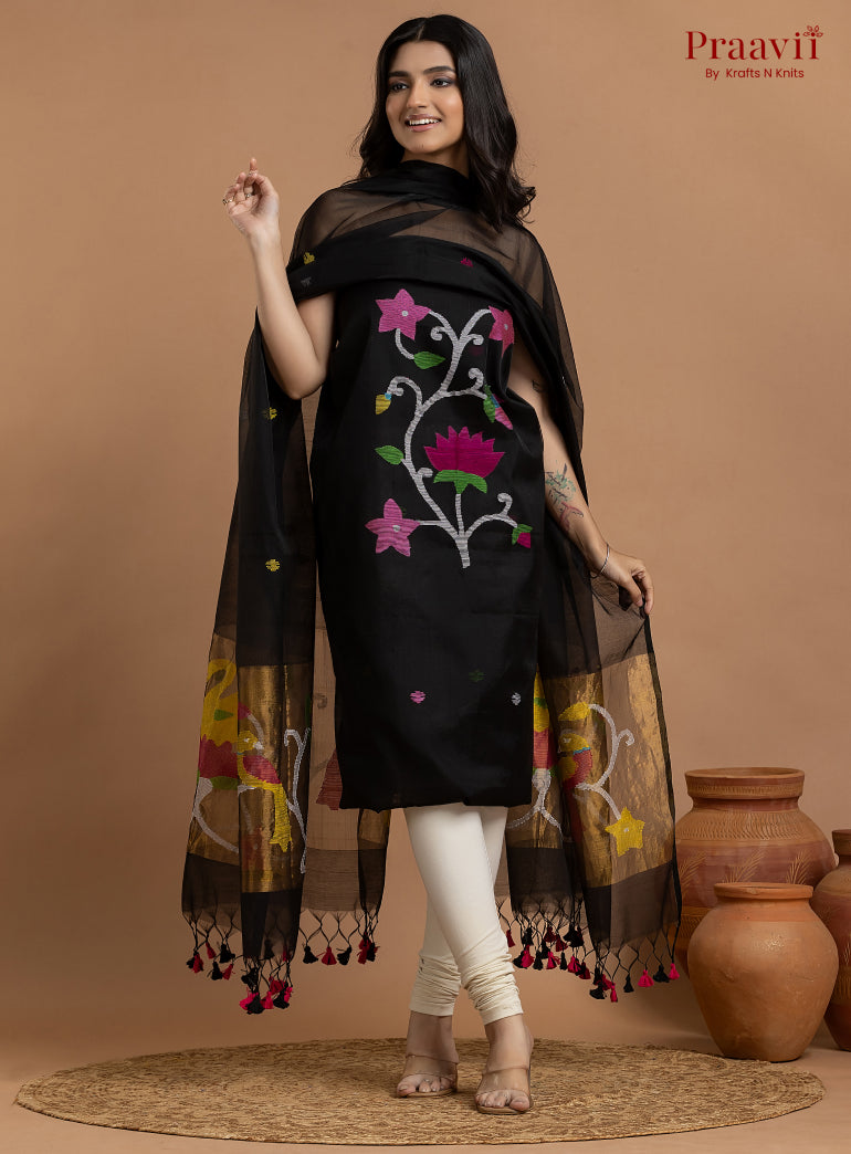 Classic Black Unstitched Muslin Jamdani 2-Piece Suit Set