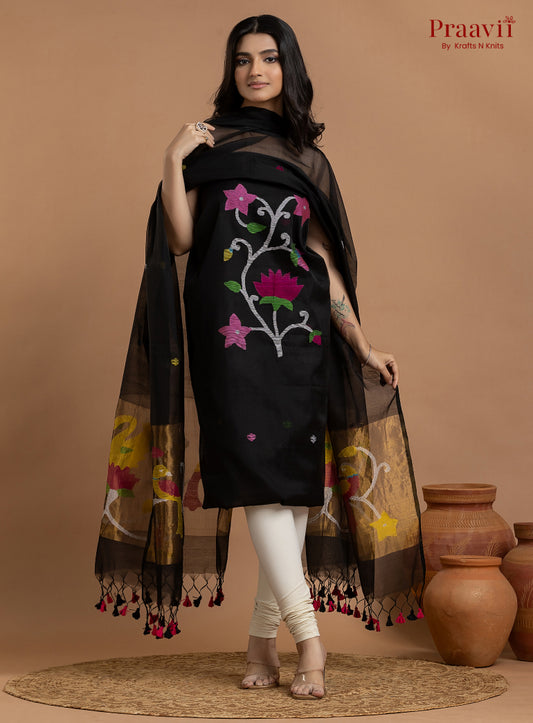 Classic Black Unstitched Muslin Jamdani 2-Piece Suit Set