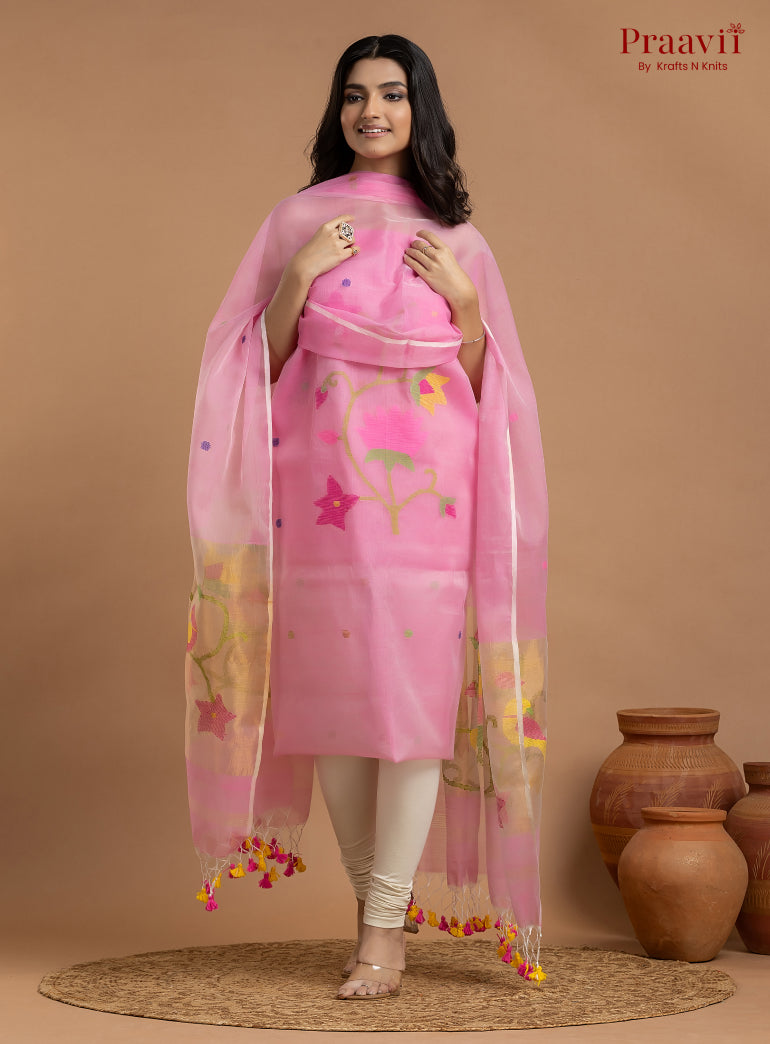 Baby Pink Unstitched Muslin Jamdani 2-Piece Suit Set