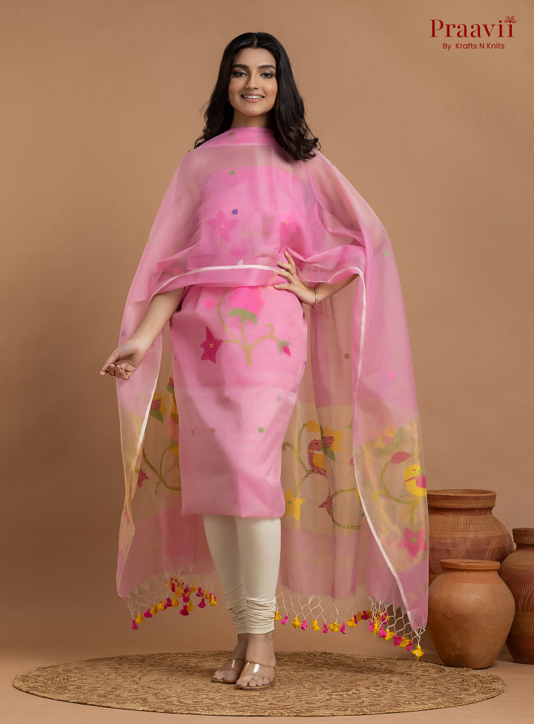 Baby Pink Unstitched Muslin Jamdani 2-Piece Suit Set