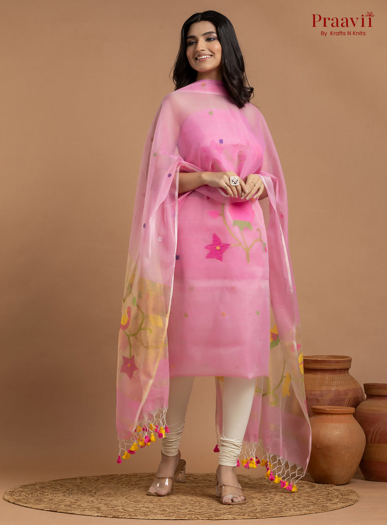 Baby Pink Unstitched Muslin Jamdani 2-Piece Suit Set
