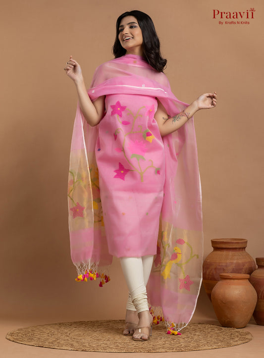 Baby Pink Unstitched Muslin Jamdani 2-Piece Suit Set