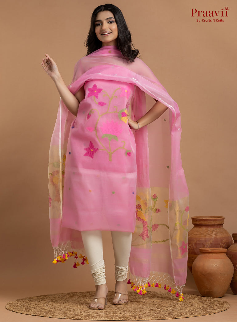 Baby Pink Unstitched Muslin Jamdani 2-Piece Suit Set