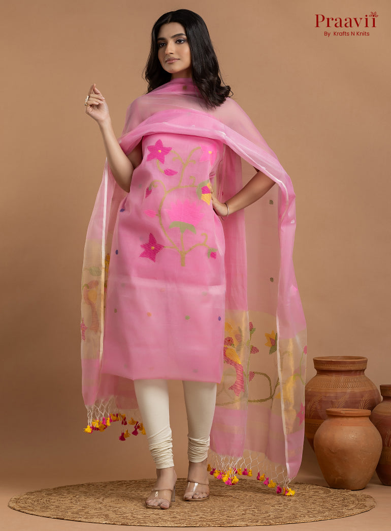 Baby Pink Unstitched Muslin Jamdani 2-Piece Suit Set