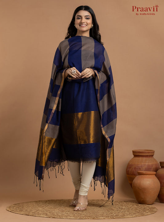 Blue & Grey Unstitched Cotton with Tissue 2-Piece Suit Set