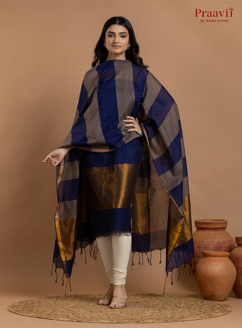 Blue & Grey Unstitched Cotton with Tissue 2-Piece Suit Set