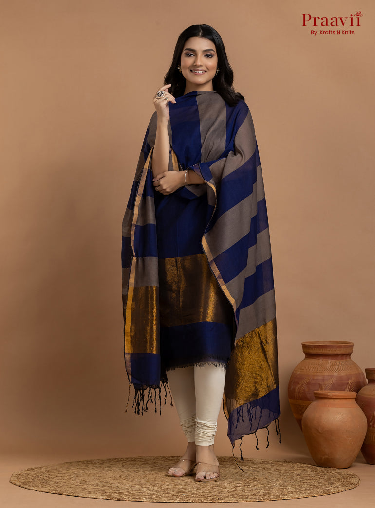 Blue & Grey Unstitched Cotton with Tissue 2-Piece Suit Set